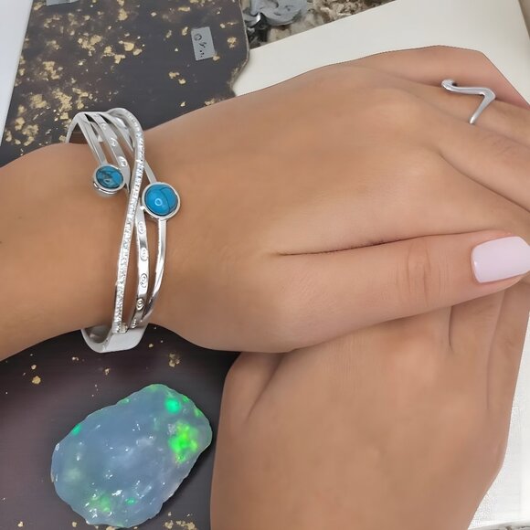 🆕️18K Gold Plated Turquoise & Zirconia Bangle Bracelet | Dainty Elegant & Chic✨ - Picture 16 of 16